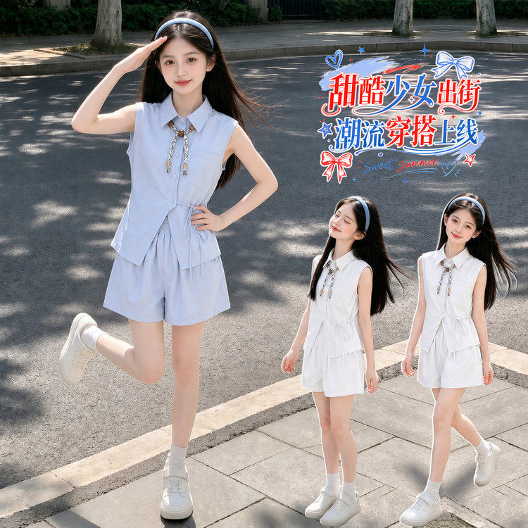 女童夏季韩版清新衬衫短裤两件套2026新款女大童夏款洋气休闲套装