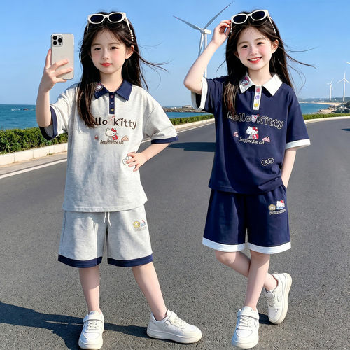 女童夏装polo衫套装大儿童学院风短袖短裤两件套女孩夏装休闲运动