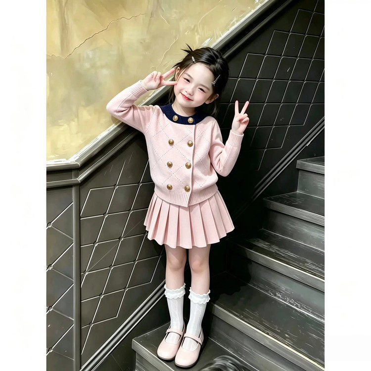 套装女童小香风2026秋装新款女宝轻奢千金感黄色针织上衣百褶裙子