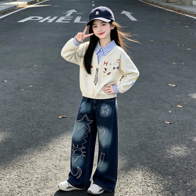 女童甜美学院风两件套秋装韩版时尚POLO领上衣长裤牛仔裤刺绣套装