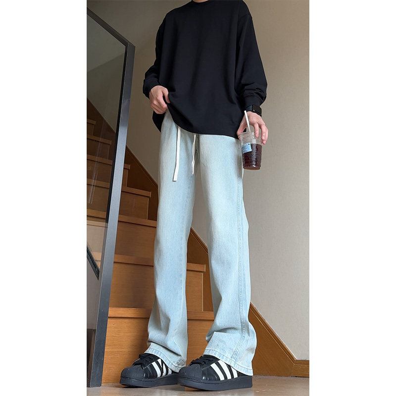 黄泥色抽绳松紧腰牛仔裤男款夏季美式高街vibe裤子修身微喇直筒裤