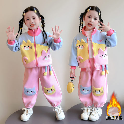 女小童秋冬装可爱小猫拼色加绒外套2026新款女宝宝卡通加厚棒球服