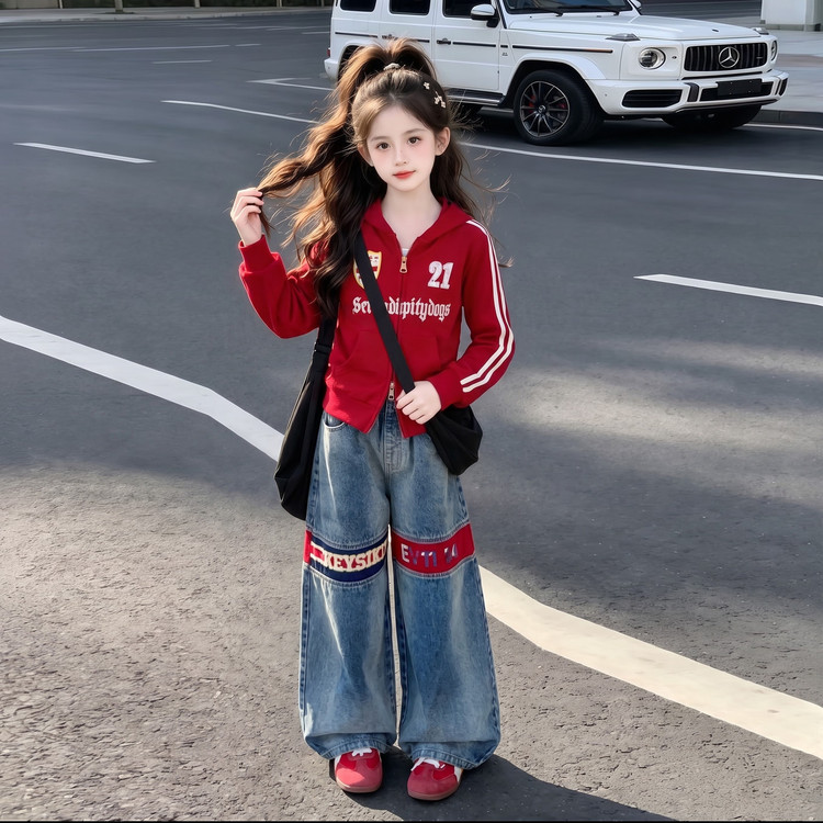 女童秋装酷飒套装2026新款超好看洋气上衣中大童春秋季韩系牛仔裤