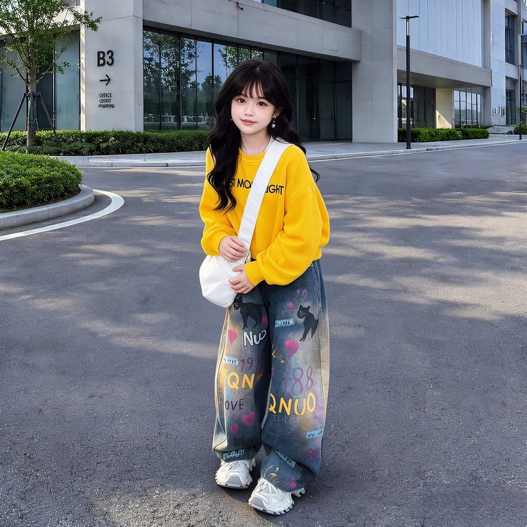 女童2026新款春秋季时尚洋气卫衣卡通印花阔腿百搭牛仔裤套装潮酷