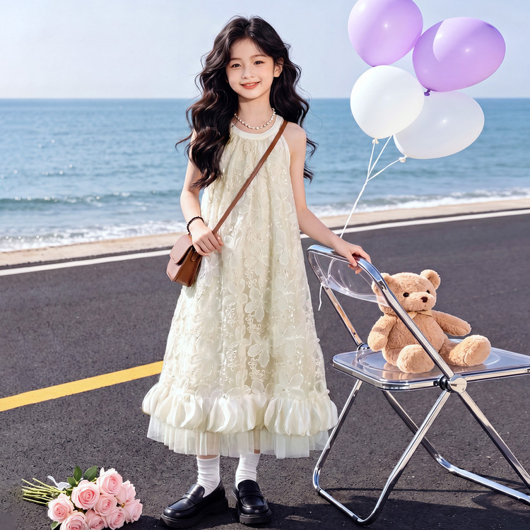 女童连衣裙夏2026新款蕾丝刺绣公主裙子儿童夏装轻奢生日礼服长裙