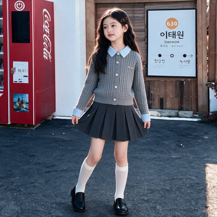 女童学院风套装春秋款2026新款儿童针织外套女孩秋装百褶裙两件套