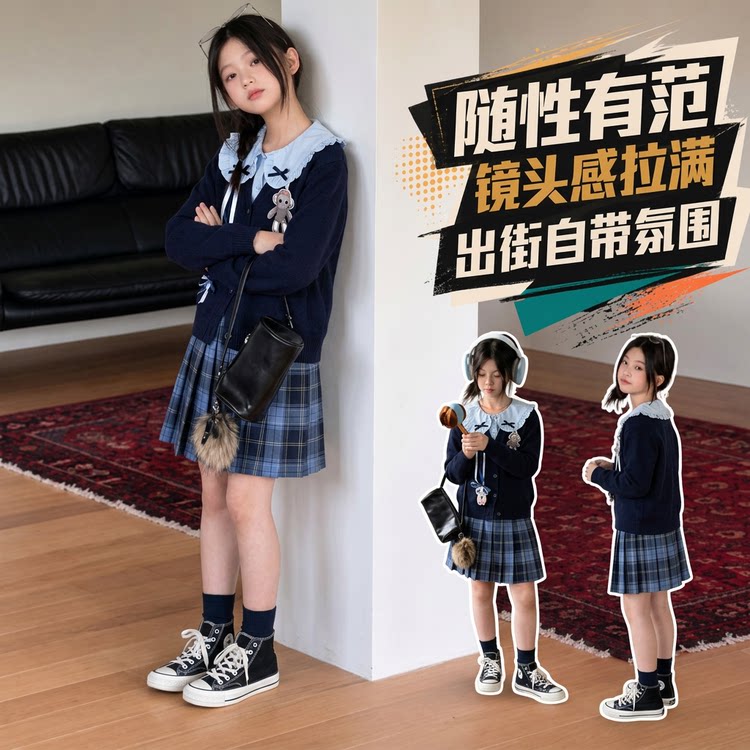 学院风女童套装秋装2026新款兔子警官Jk制服百褶裙儿童春秋三件套