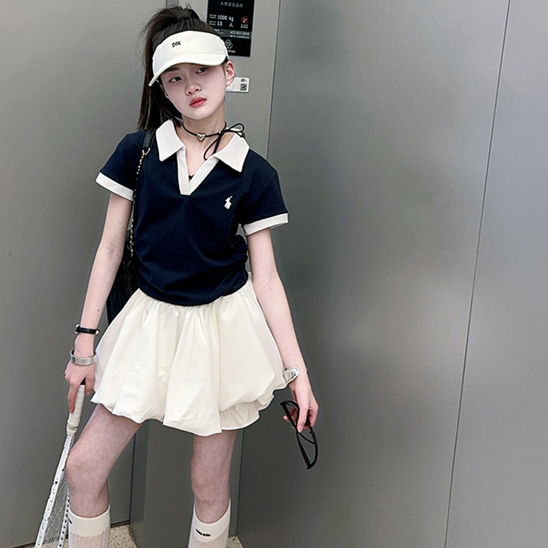 女童Polo短袖裙裤套装2025新款休闲T恤花苞短裤运动两件套洋气夏