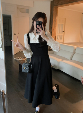 安璃 ANLI 法式赫本风撞色假两件小黑裙精致重工收腰显瘦连衣裙