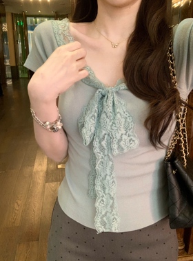 安璃 简约蕾丝绑带针织毛衣