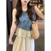 安璃 花卉刺绣牛仔拼接上衣重工精致透气背心时髦设计感百搭夏款