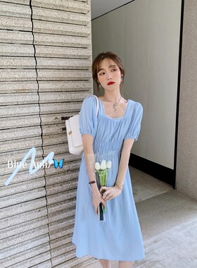 安璃 ANLI  蓝色花边拼接收腰短袖气质显瘦韩系温柔连衣裙新款