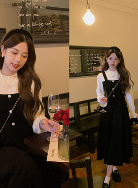 安璃 ANLI 赫本风磨毛蕾丝拼接假两件背带小黑裙复古甜美秋冬长裙