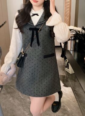 安璃 学院海军领减龄蝴蝶结灰色系圆点背心裙