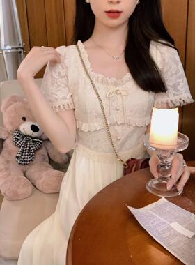 安璃 精致宫廷风法式蕾丝拼接方领连衣裙仙气温柔流苏约会长裙