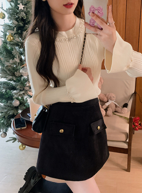 安璃  2023年新款精致珍珠拼接坑条喇叭袖长袖针织衫百搭显瘦上衣