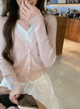 安璃 2024年新款撞色假两件V领针织衫时髦休闲设计感百搭上衣