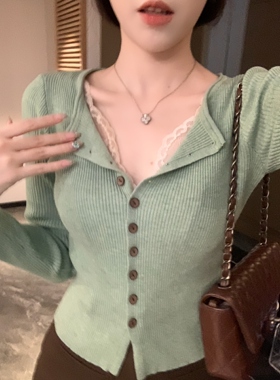 安璃 绿色短款长袖针织衫修身开衫上衣