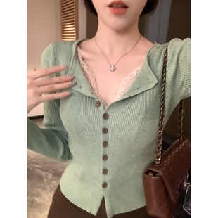 安璃 绿色短款长袖针织衫修身开衫上衣