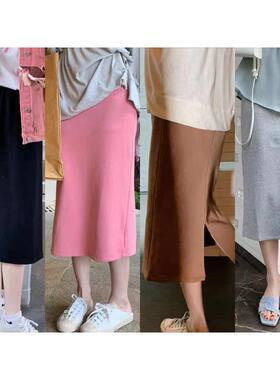 安璃 ANLI 2021新款百搭高腰后背开叉中长款半身裙韩系显瘦简约潮