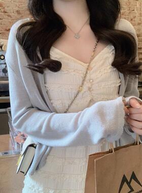 安璃 温柔蓝色甜美气质减龄蕾丝针织开衫春夏秋透气百搭外套新款