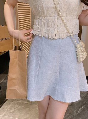 安璃 ANLI 高腰甜美浅蓝色粗纺拼接小香风半身裙清爽百搭短裙新款