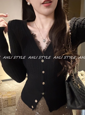 安璃 性感V领拼接蕾丝边针织上衣女毛衣2025秋冬新修身显示长袖