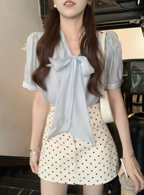 安璃 蝴蝶结系带蓝色衬衫女短袖别致洋气小衫提花雪纺上衣