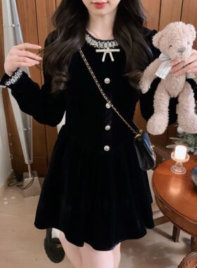 安璃 小香风名媛千金感精致水钻细闪高级显瘦小黑裙丝绒连衣裙