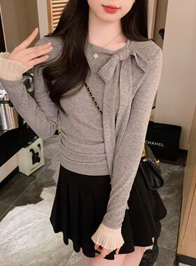 安璃 甜美百搭洋气花边袖显瘦蝴蝶结系带花灰色打底棉质上衣叠穿