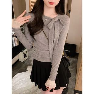安璃 甜美百搭洋气花边袖显瘦蝴蝶结系带花灰色打底棉质上衣叠穿