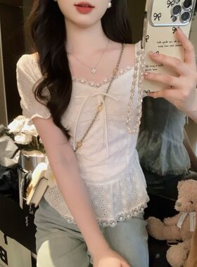 安璃 法式甜美蕾丝边刺绣镂空上衣