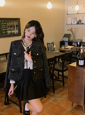 安璃 ANLI 复古小香风撕边精致细闪黑色外套小千金高级感宽松上衣