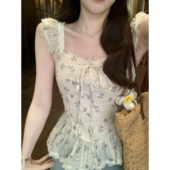 上衣弹力打揽收腰小裙摆时髦百搭娃娃衫 安璃 梦幻紫色碎花小飞袖