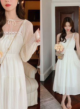 安璃 ANLI 新款蕾丝拼接仙气白色背心裙针织开衫两件套分开拍