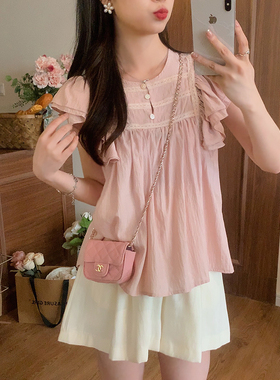 安璃 ANLI 精致小飞袖蕾丝拼接粉色甜美衬衫百搭乖巧减龄上衣新款