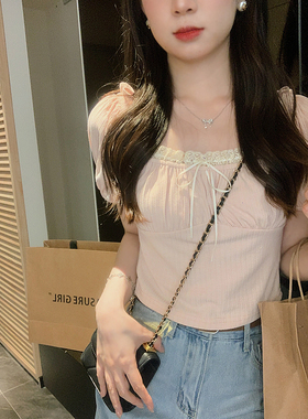 安璃 ANLI 法式甜美花边方领撞色T恤蕾丝设计感系带木耳边上衣