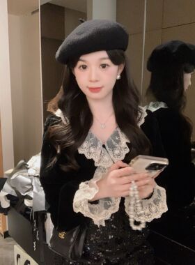 安璃 甜美气质V领蕾丝边丝绒上衣