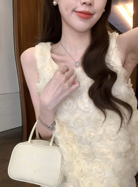 安璃 温柔减龄立体玫瑰花朵无袖背心女夏季甜美外穿小上衣