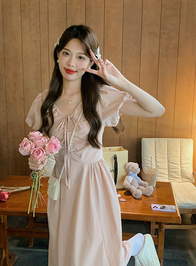 安璃 ANLI 粉色V领抽绳褶皱设计感连衣裙甜美显瘦长裙2023年新款