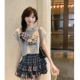 分开拍 韩系百搭显瘦套装 刺绣狗狗T恤上衣 格子蛋糕裙半身裙