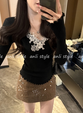 安璃 精致V领蕾丝韩系针织衫