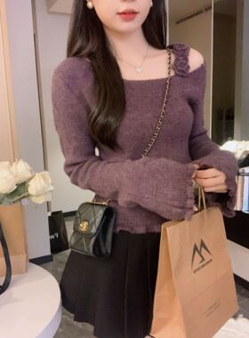 安璃 显白葡萄紫钩花斜领毛衣露肩韵味感百搭时髦长袖针织衫新款