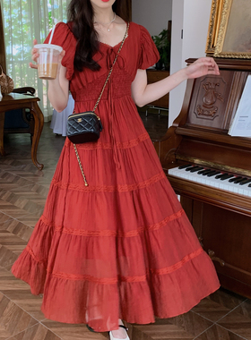 安璃 ANLI 一袭红裙~复古惊艳大长裙V领系带打揽拼接连衣裙新款