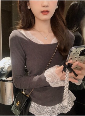 安璃 蕾丝拼接百搭简约磨毛长袖T