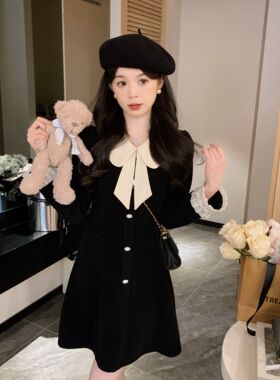 安璃 兔子飘带~小香风超好看收腰甜美减龄娃娃领法式连衣裙小黑裙