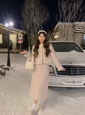 安璃 ANLI 名媛千金小香风粉色粗纺夹棉外套长半裙高级感两件套装