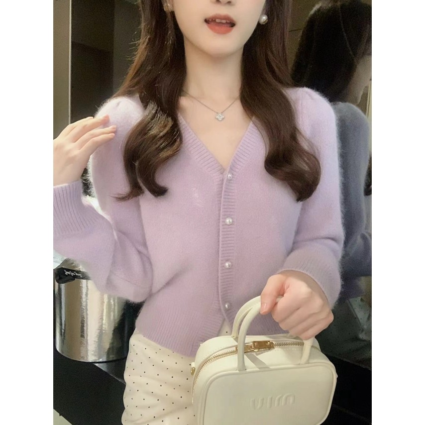 安璃 温柔浅紫色绒感毛衣珍珠单排扣,女装/女士精品,毛针织衫,淘宝优惠券,粉丝福利购,淘宝优惠卷