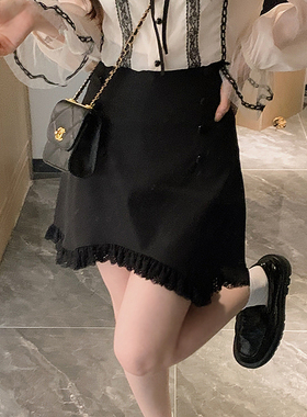 安璃 ANLI 法式高腰花边下摆不规则半身裙百搭高级感纽扣黑色短裙