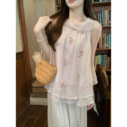 安璃 晕染夏日~甜美显白芋泥紫方领上衣少女亮片重工刺绣仙气衬衫